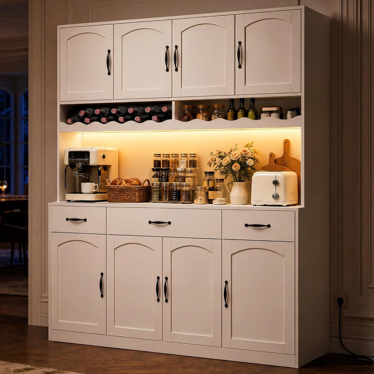 White 72" Tall Kitchen Pantry Cabinet with Charging Station 55" Wide Kitchen Hutch Cabinet with LED Light and Countertop Large Kitchen Cabinet with Adjustable Shelves and Wine Rack