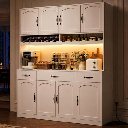 White 72" Tall Kitchen Pantry Cabinet with Charging Station 55" Wide Kitchen Hutch Cabinet with LED Light and Countertop Large Kitchen Cabinet with Adjustable Shelves and Wine Rack