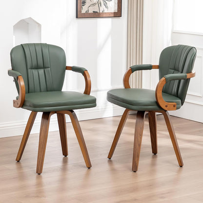 Swivel Dining Chairs Set of 4 Mid Century Modern Green Faux Leather Upholstered Kitchen Chairs with Bentwood Frame Armrests Side Chairs,Comfortable Ergonomic Wood Accent Chair No Wheels