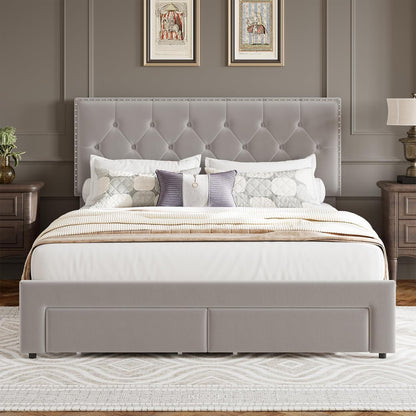 GarveeLife King Size Velvet Upholstered Bed Frame, 2 Storage Drawers with Smooth Casters, Button Tufted Rivets Headboard, Wooden Slat Support, Noise Free & No Box Spring Needed, Beige Bedroom Bed
