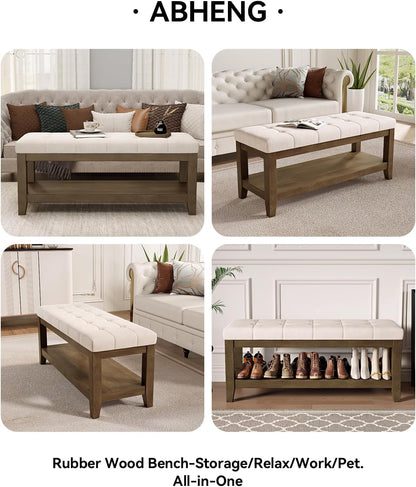ABHENG Solid Rubber Wood Shoe Bench, Soft Chenille Material Upholstered Seat, 770LB Load Capacity, Multi-Storage for Entryway/Bedroom/Living Room, Vintage Style, 43.3"x15.7"x17.7", White,UASND65W