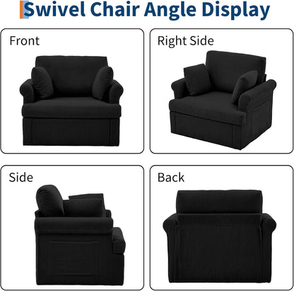 Garvee 39" Modern 360 °Swivel Accent Chair,Large Corduroy Accent Chairs with 2 Pillows,Comfy Upholstered Round Armchair Single Sofa for Living Room,Bedroom,Office,Reading,Black