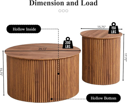 Fluted Round Nesting Coffee Table Set of 2, Mid Century Modern Wood Coffee Table and End Table Set, Minimalist Center Tables Circle Side Table for Living Room, Office(Walnut)
