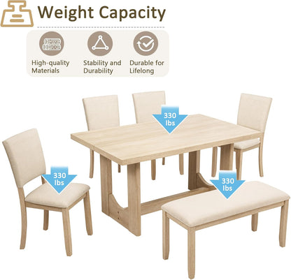 Harper & Bright Designs Modern 6-Piece Dining Table Set with Bench & 4 Upholstered Chairs, Light Oak Rectangular Kitchen Table for 6, U-Shaped Base, Farmhouse Rustic for Dining Room Living Room