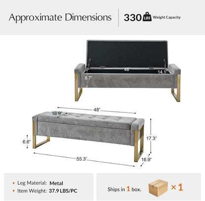 Modern Storage Ottoman Bench with Gold Metal Legs Upholstered Footrest End-of-Bed Bench with Hidden Storage, Hallway and Entryway Grey