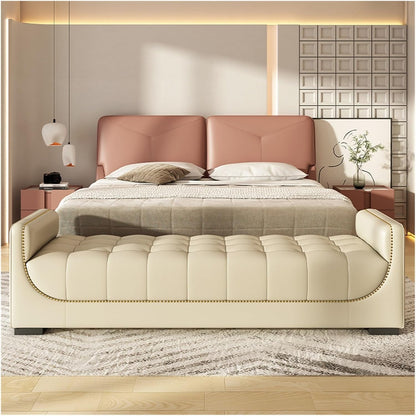 Modern Leather Bedroom Ottoman Bench,Upholstered End of Bed Modern Entryway Shoe with Armrests and Storage Pockets,Living Room Dinning Entryway(White,1.8m)
