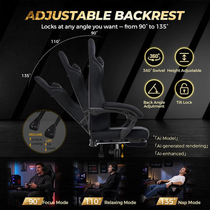 GTPLAYER Video Gaming Chair Fabric, Ergonomic Computer Chair with Footrest and Pocket Spring Cushion, Height Adjustable Video Gamer Chair with Lumbar Support for Adults, Black