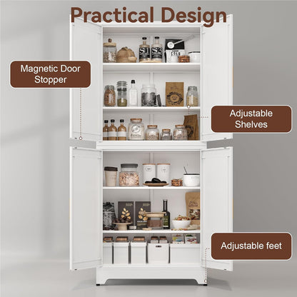 Metal 2-in-1 Combination Kitchen Pantry Cabinet, 75" Tall Farmhouse Standing Storage Cabinets, Freestanding Cupboard with 4 Doors and Adjustable Shelves for Dining Room, Bathroom and Living Room