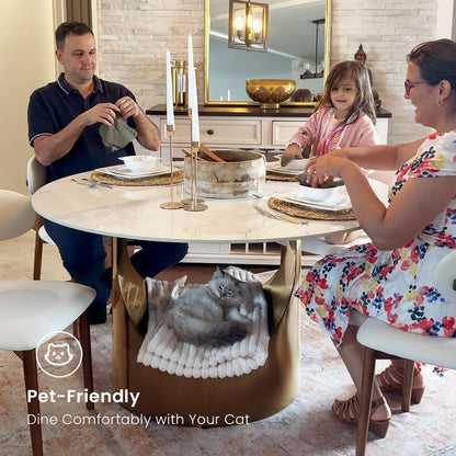 POVISON 59" Round Dining Table for 6 with Lazy Susan, Glossy White Sintered Stone Dining Tabletop with 31" Lazy Susan, Bronze Carbon Steel Pedestal, Modern Dining Table for Living Room (Table Only)