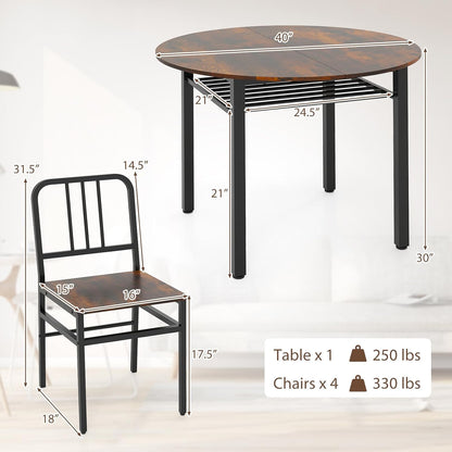 GOFLAME 5-Piece Round Dining Table Set for 4, Space-Saving Kitchen Table and Chairs Set with Storage Shelf, Industrial Wooden Dinette Set for Dining Room, Living Room, Breakfast Nook, Rustic Brown
