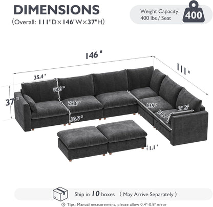 Ihanherry 146" Oversized Modular Sectional Sofa, Modern V Shaped Cloud Couch with 2 Storage Ottoman, 8-Seat Comfy Chenille Deep Seat Sofa with 2 Pillows for Living Room, Grey