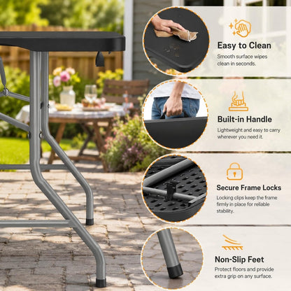 Folding Table 6ft, Heavy Duty Plastic Fold-in-Half Utility Table, Black | Portable Utility Table,HDPE Top,Carry Handle,Sturdy Steel Legs,Indoor Outdoor for Parties,Camping,Dining,Supports 330 lbs