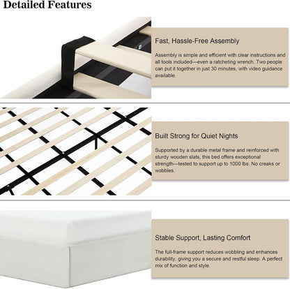 54" Majestic Extra-Tall Wingback Bed Frame Queen - Premium Textured Ivory Canvas Chenille Upholstered Platform Bed, 1000lbs Capacity, No Box Spring Needed (Queen U.S. Standard)