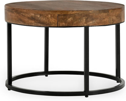 32" Natural Grain Side Coffee Table, Small Nesting Tables with Sturdy Iron Base, Nesting Table Set with Transitional Styling for Versatile Home Usage Areas, Brown+Black