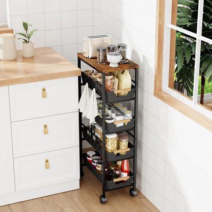 5-Tier Slim Storage Cart, Wooden Top Rolling Kitchen Cart with Pull-Out Baskets & Wheels, Narrow Space Utility Cart Slide Out Organizer for Kitchen, Bathroom, Laundry Room, Black