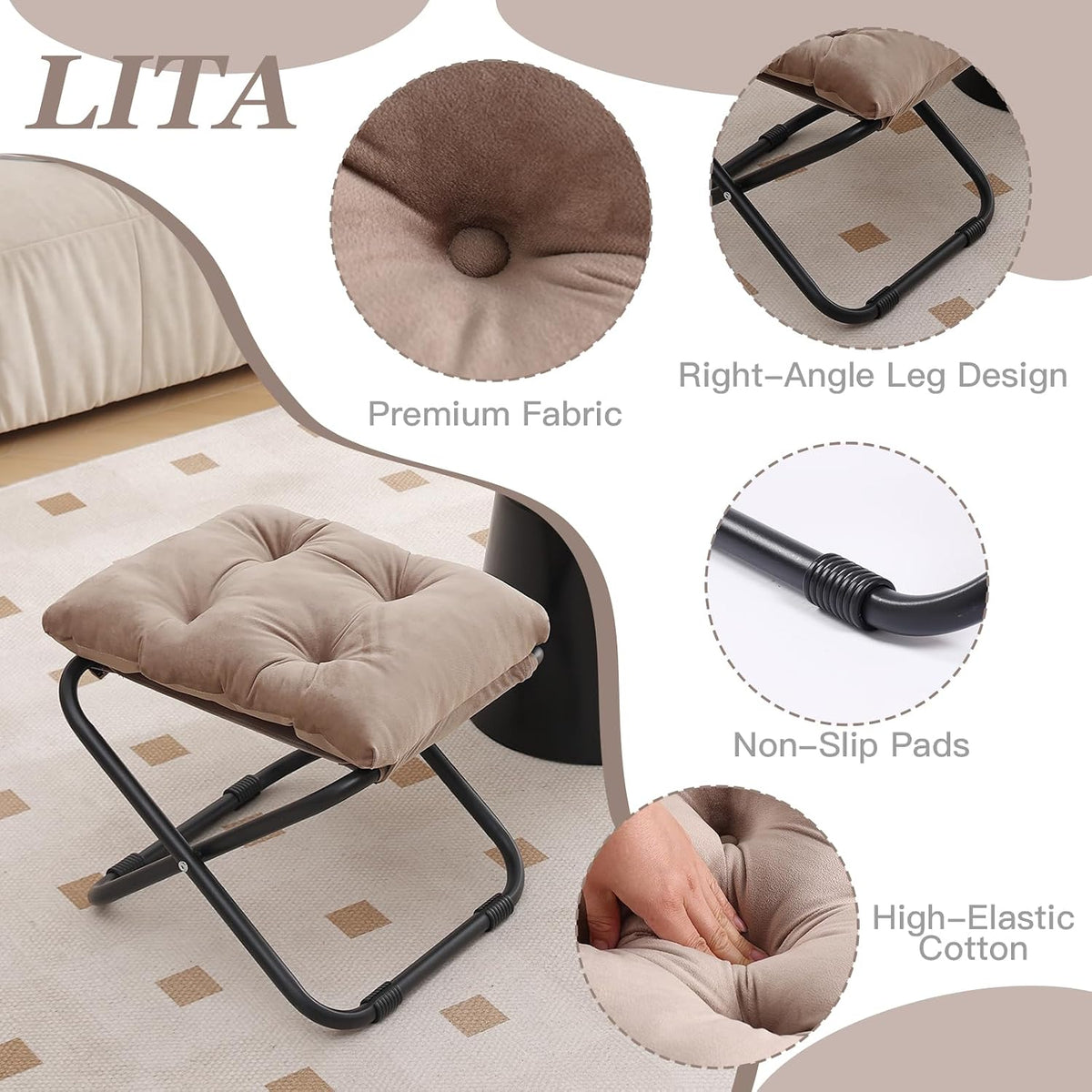 LITA Folding Footrest Stool, Portable Ottoman Foot Rest, Upholstered Small Foldable Ottoman Stool with Detachable Thick Cotton Cushion Padded Sofa Stool for Living Room, Bedroom, Khaki