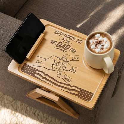 Wrappiness Custom Engraved Couch Arm Table for Dad, Wood Sofa Arm Rest Tables with 360° Phone Holder, Portable Sofa Armrest Tray for Drink Snacks, Gift for Fathers Day (Best Dad Ever)