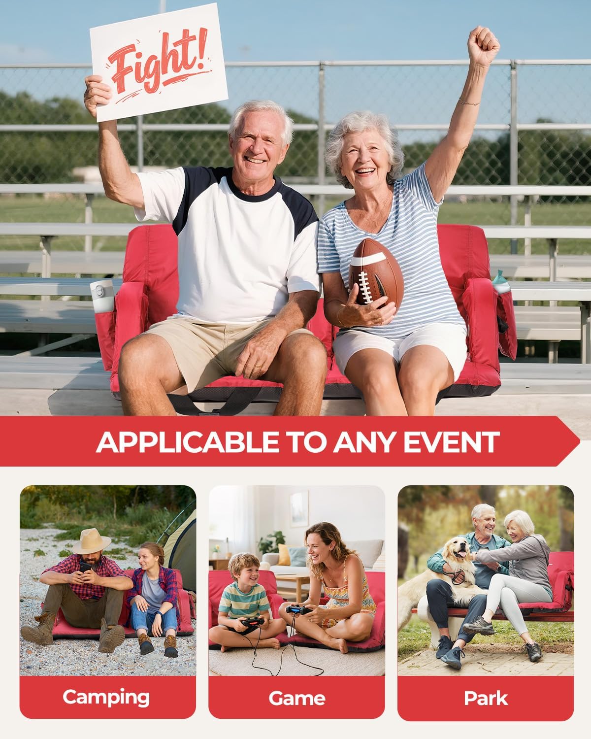 Sportneer Stadium Seats with Back Support: 2.5'' Thick Comfy Cushion 6 Adjustable Angle Bleacher Seat with Armrest - 2 Large Pockets, 2 Cup Holders Stadium Chair for Sport Events Concerts Parks