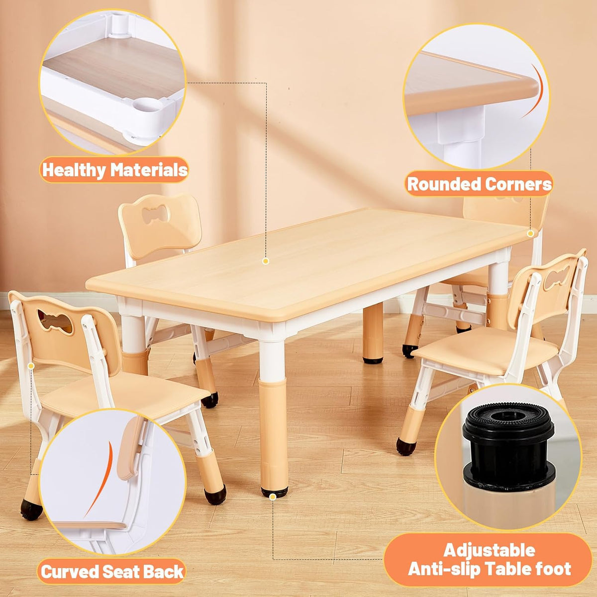 FUNLIO Kids Table and 4 Chairs Set for Ages 3-8, Height Adjustable Toddler Table and Chair Set, Easy to Wipe Arts & Crafts Table, for Classrooms/Daycares/Homes, CPC & CE Approved (5 pcs Set) - Natural