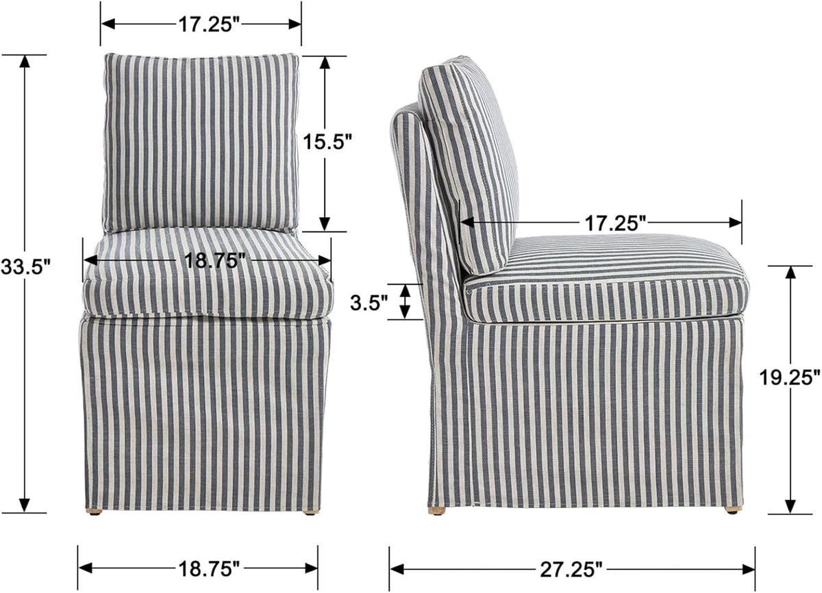 Kmax Slipcovered Dining Chairs Set of 2, Modern Upholstered Armless Kitchen Chair, Accent Single Sofa Chair for Diningroom Livingroom, Blue Stripe