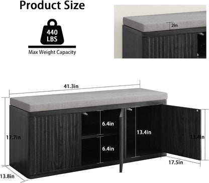 41.3" Fluted Shoe Storage Bench, Entryway Bench with 2" Cushioned Seat, 440lbs Heavy Duty Shoe Cabinet Bench with Adjustable Shelf, Hidden Storage Organizer for Bedroom End of Bed, Black