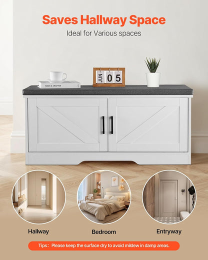 VEVOR Shoe Storage Bench with Padded Cushion & 2 Barn Doors, Entryway Bench 39.4 x 14.0 x 18.1 Inches, for Entryway, Hallway, Living Room, Bedroom