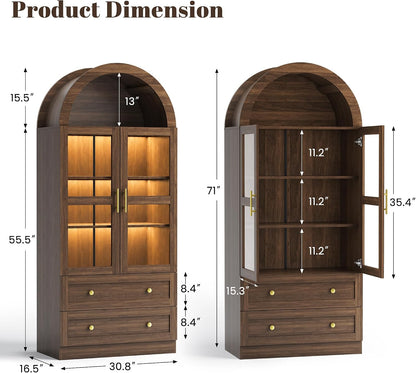 Pamapic Arched Kitchen Pantry Cabinet, 71" Tall Arched Cabinet with LED Light & Glass Doors, Farmhouse Kitchen Storage Cabinet with 2 Large Drawers, Wooden Pantry for Dining Room, Living Room (Brown)