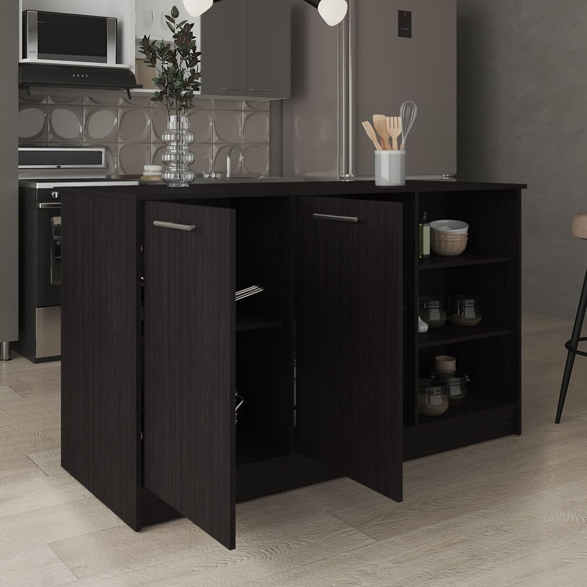 Kitchen Island with Three Open Shelves and Two Cabinets | Spacious 26" x 59" countertop with concealed storage and seating space