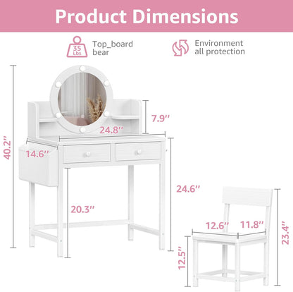 BOLUO Kids Vanity Table and Chair Set, Kids Vanity for Girls with Lights and Mirror, 2 in 1 Kid Vanity Set, Princess Makeup Vanity Desk with Drawers White