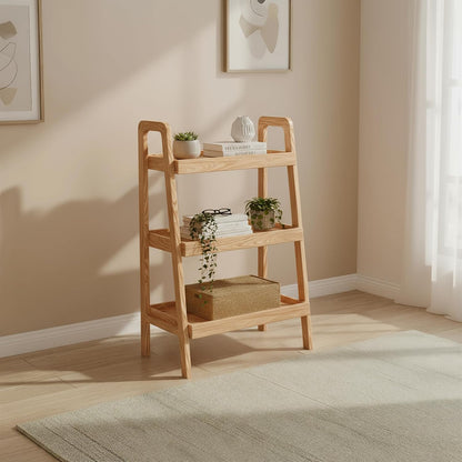 Oak Ladder Bookshelf, 3 Tier Display Shelf for Living Room, Natural Wood