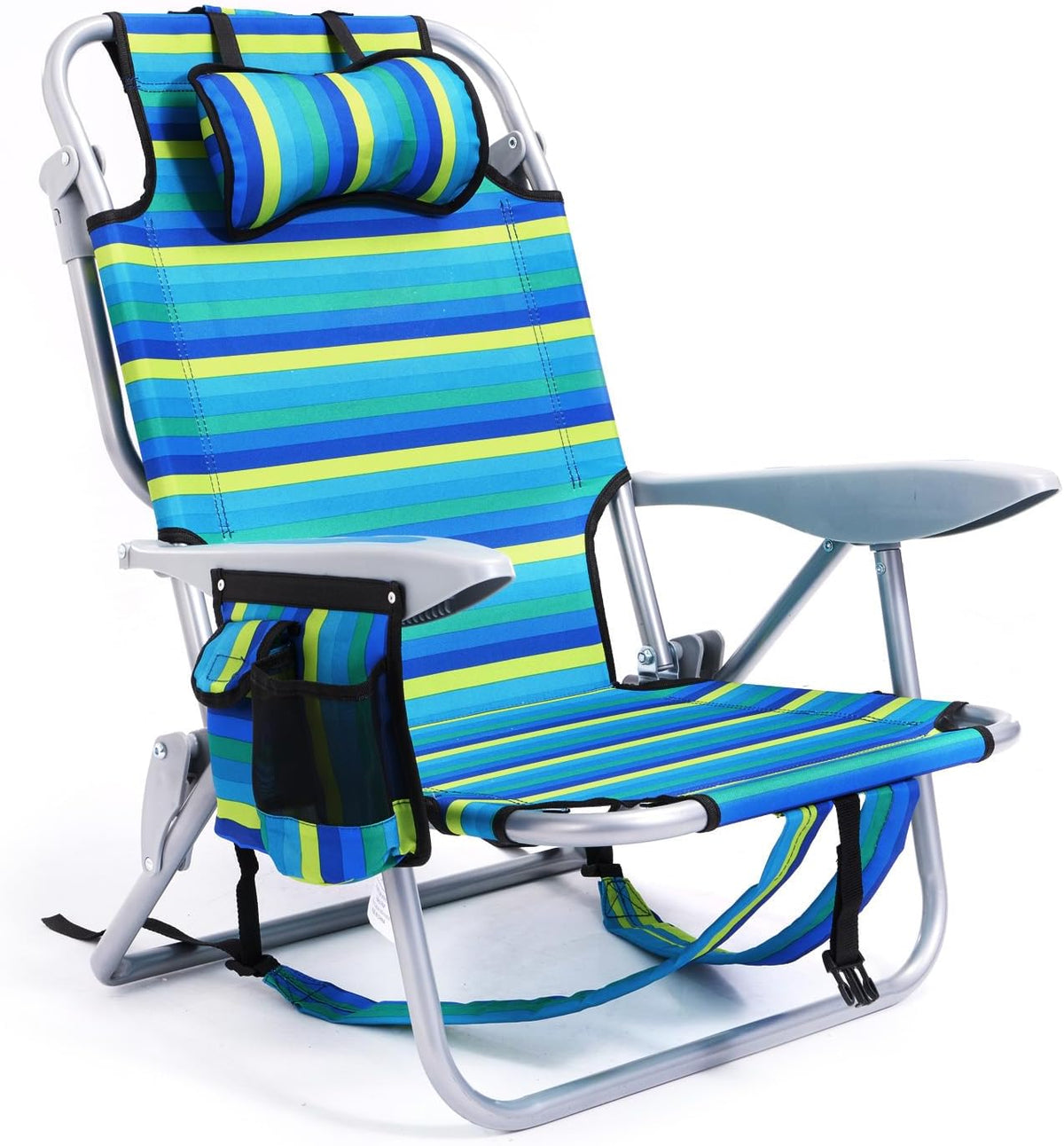Portable Beach Chair for Adults, Outdoor Camping Chair Lay Flat Folding Backpack Beach Reclining Chair with 5 Positions, Headrest, Cup Holder, Heavy Ocean Striped