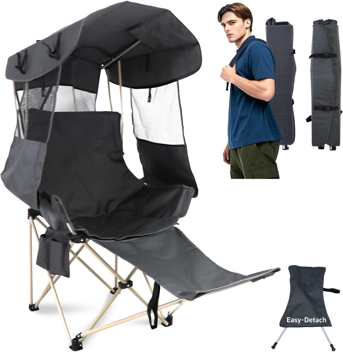 Folding Camping Chairs Canopy Outdoor: Sports Portable Beach Chair with Canopy-Lawn Beach Chairs with Umbrella for Adults-Camping Chair with Shade for Fishing Camp Heavy Duty (Casual, Grey)