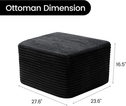 27.6" Floor Ottoman, Plush Corduroy Ottoman Foot Rest for Couch in a Box, Compressed Soft Foam Footrest No Assembly Require, Large Square Footstool for Living Room, Bedroom, Black