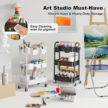 3 Tier Rolling Storage Cart with Wheels for Pantry Floor Organzier, Metal Utility Roller Trolley on Lockable Wheels, Three Tiered Snack Carts for Laundry, Kitchen Organziers, Art, Craft, Book, White