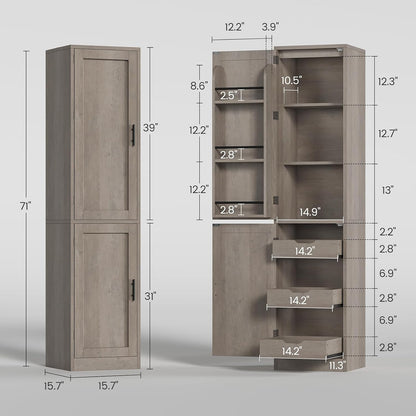 Itaar Narrow Kitchen Pantry Cabinet with 3 Door Shelves & 3 Drawer, Grey | Slim for Small Place, Adjustable Shelf, 71" Freestanding Linen Storage for Living Room, Kitchen, Bathroom