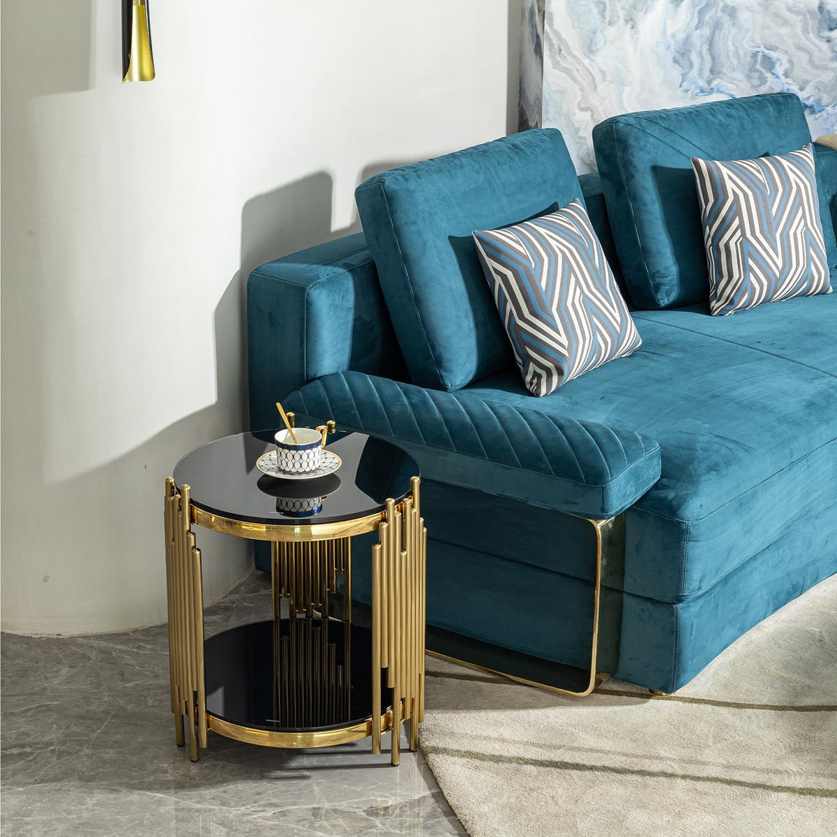 17.72" Round Sofa Side Table, 2-Tier Black Tempered Glass End Table with Gold Stainless Steel Frame for Living Room, Office & Café