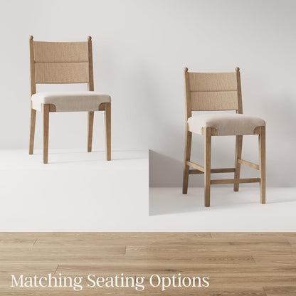 Nathan James Cove Boho Solid Wood Dining Chair with Woven Seagrass Back and Upholstered Seat, Flax/Light Brown