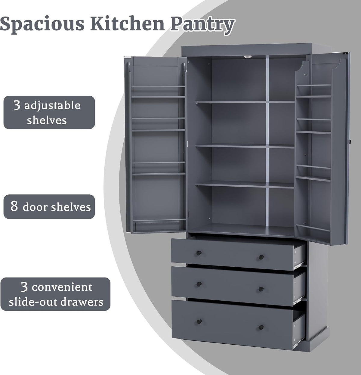 Farmhouse Tall Kitchen Pantry Cabinet with Adjustable Shelves, Freestanding Wood Cupboard with 8 Door Shelves and 3 Drawers for Kitchen, Dining Room (Gray)