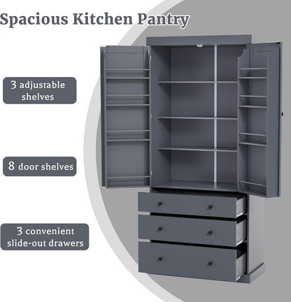 Farmhouse Tall Kitchen Pantry Cabinet with Adjustable Shelves, Freestanding Wood Cupboard with 8 Door Shelves and 3 Drawers for Kitchen, Dining Room (Gray)