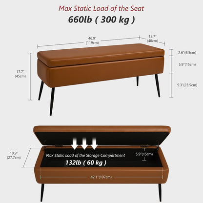 kinmars Leather Storage Ottoman Bench, End of Bed Bench with Steel Legs | Brown Leather Smooth Upholstery Design | 660 lb Capacity | Safety Hinges |Mid-Century Modern Style | Bedroom & Entryway
