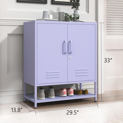 Three Tier Metal Shoe Cabinet for Home use Featuring Adjustable Shelves Multifunctional Two Door Storage Cabinet Suitable for entryways and hallways Purple Size: 13.8" D x 29.5" W x 33" H