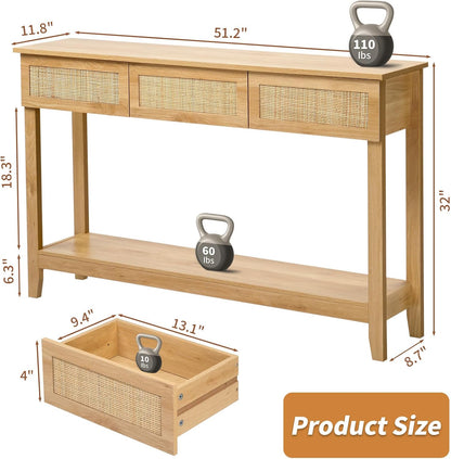 Karl home 51"Console Table w/3 Rattan Drawers & Storage Shelf, Natural Wood | Boho sofa table with 13.1"W rattan drawers,storage shelf,living room and hallway use, natural wood look