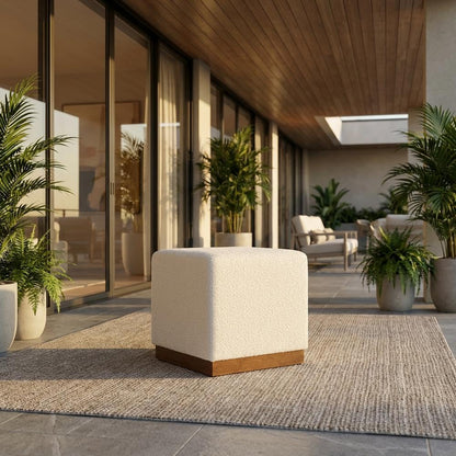 Brown 17" Square Boucle Upholstered Ottoman, Indoor-Outdoor Seating, Plush Fabric, Durable Construction, Versatile Home Decor Accent