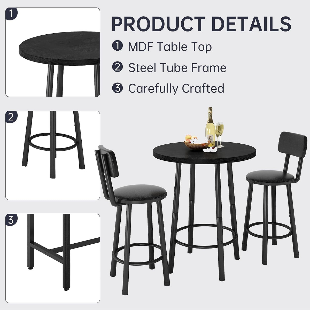Recaceik 3‑Piece Pub Dining Set, Counter Height Modern Round Bar Table with Wood Top, Pub Table and Stools for 2, Easy Assemble Bistro Set for Breakfast Nook, Living Room, Small Space Restaurant