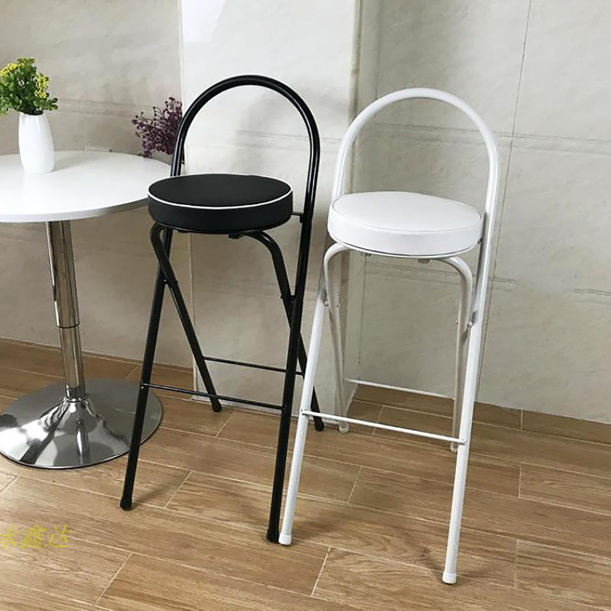 QQXX Folding Bar Stool with Footrest,Leather Padded Folding Kitchen Stool,Portable Counter Height Foldable Stool Tall Bar Stools for Outdoor Kitchen Shop Cafe(2 Pc, White Seat Height 25.5")