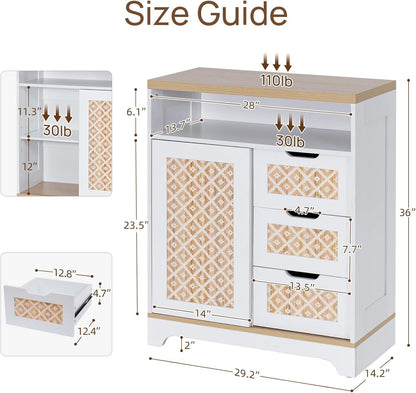 Sideboard Buffet Cabinet with Storage, Rattan Door and 3 Drawers, White | Sliding Door Coffee Bar Storage Credenza Boho Style Small Accent Cabinet for Kitchen, Living Room, Dining Room
