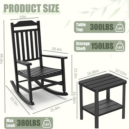Outdoor Rocking Chairs Set of 2 with Outdoor Side Table, Oversized Ergonomic Front Porch Chairs Set of 2, Small Outdoor Table, All Weather Resistant Furniture for for Lawn, Garden, Patio, Deck