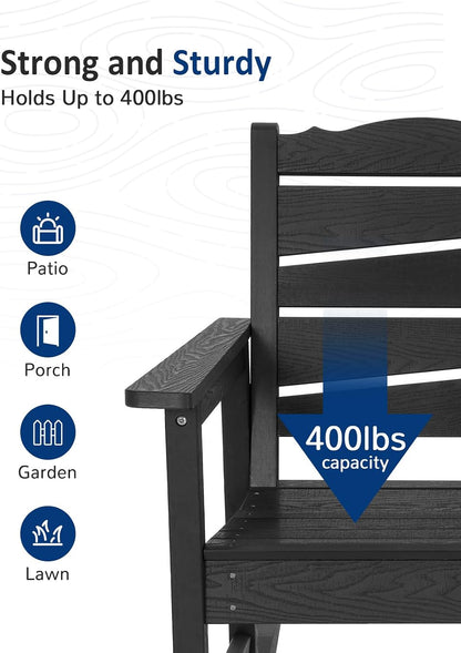 Patio Rocking Chairs Set of 2, Weatherproof HIPS Outdoor Rocking Chair for Adults, 400LBS Support Heavy Duty Porch Rocking Chairs for Garden, Lawn, Backyard, Outdoor and Indoor (Black)