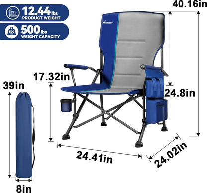 Romswi Oversized Camping Chairs 2 Pack, 500 LBS Heavy Duty Folding Lawn Chairs with Hard Armrests, Wide Seat Outdoor Chairs with Cup Holder & Side Pocket for Camping Beach Sports Backyard
