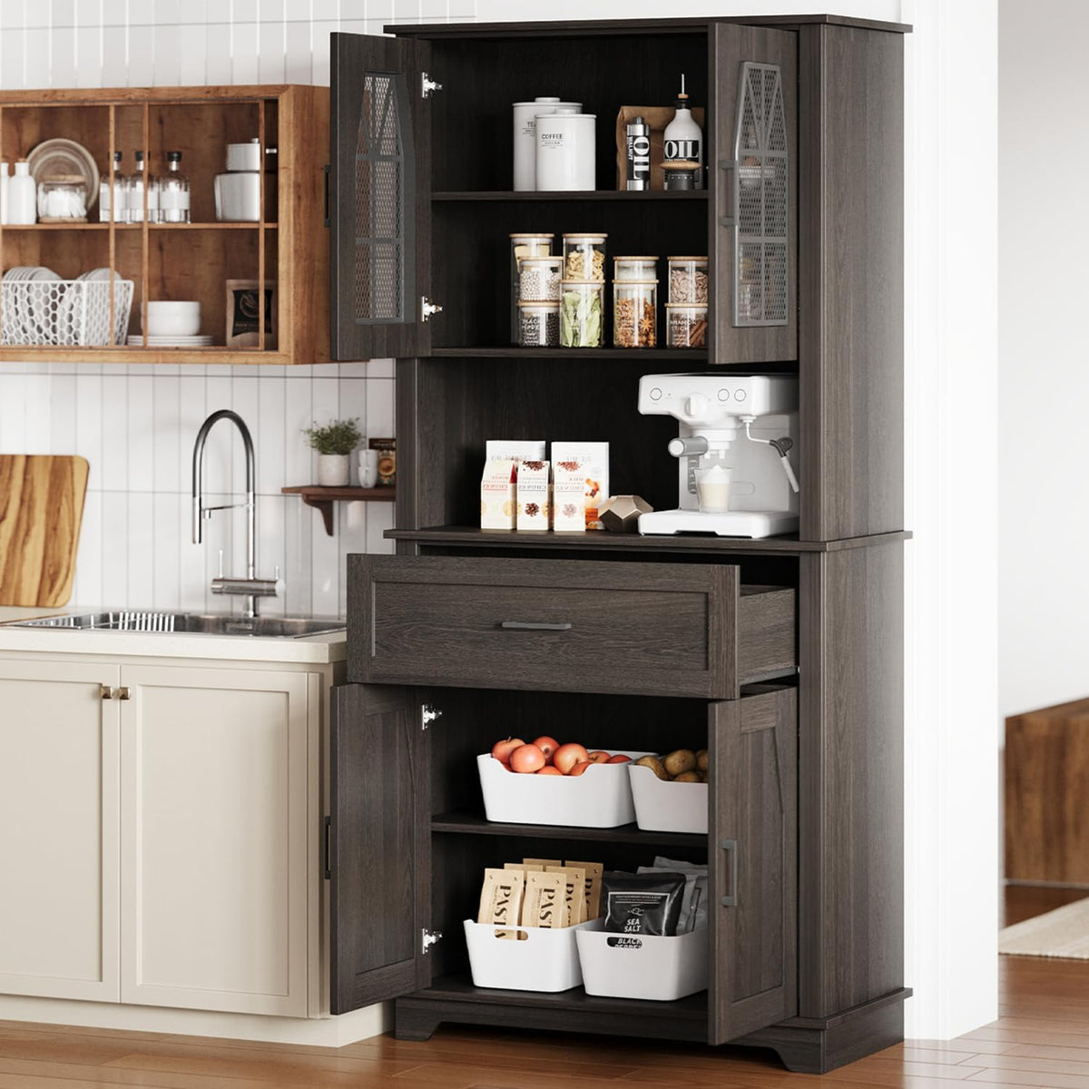 Kitchen Pantry Storage Cabinet with Doors and Shelves, Industrial Pantry Storage with Iron Mesh Doors for Kitchen Dining Room, Living Room, Black